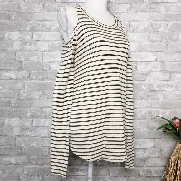 NWT CHASER Long Sleeve Cold Shoulder Top with Black & Metallic Gold Stripes Med - Picture 3 of 16